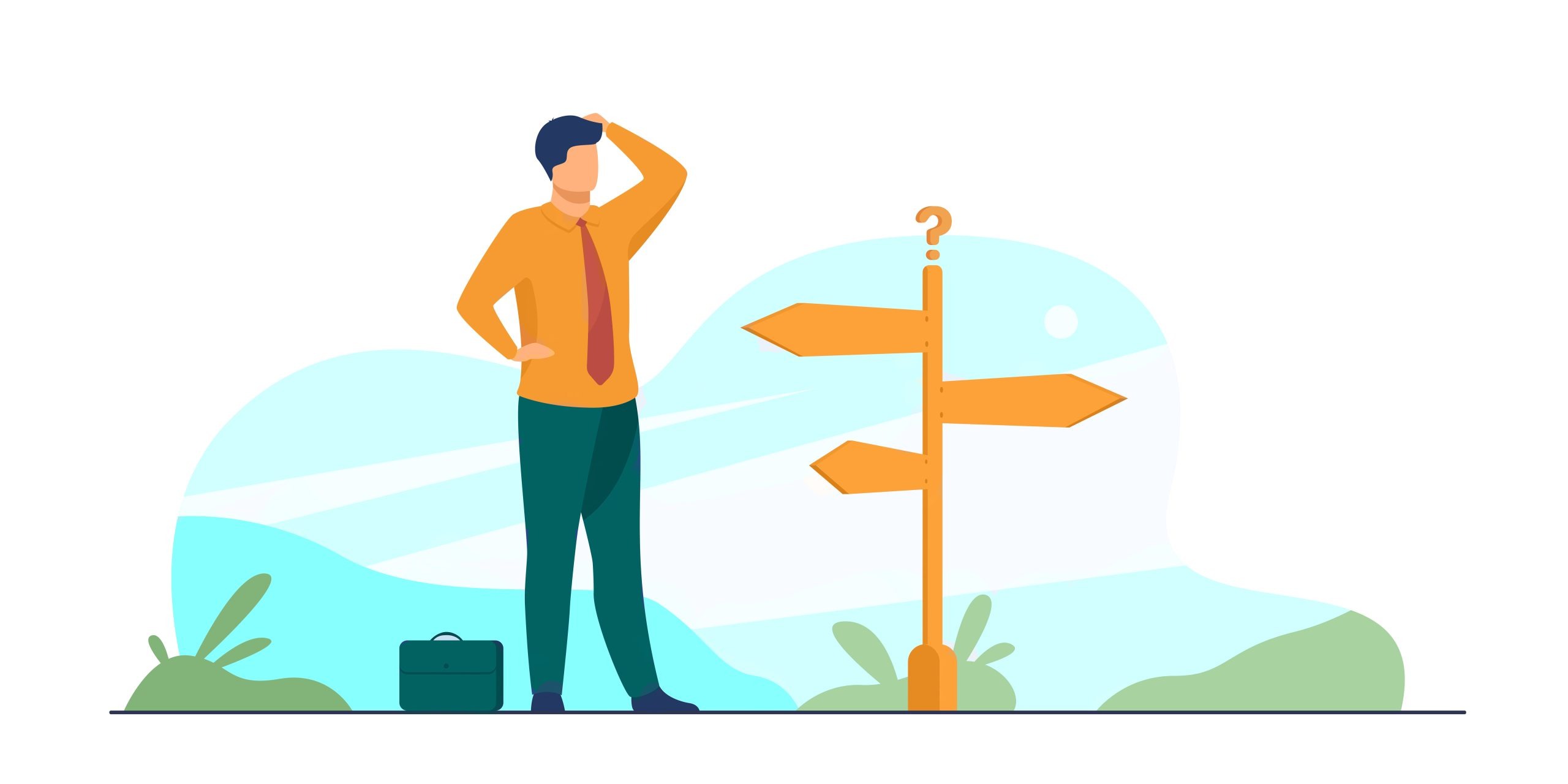 Pensive businessman making decision. Man in office suit standing at road direction signs. Vector illustration for opportunity, solution, idea concept
