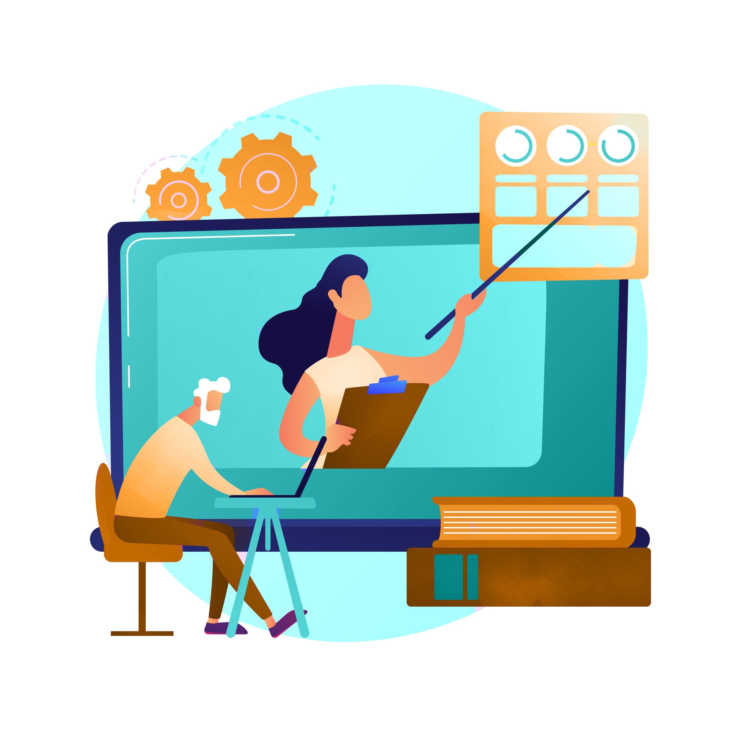 Education for older people. Senior couple of people watching online courses on laptop, getting academic degree. Webinar, internet seminar. Vector isolated concept metaphor illustration