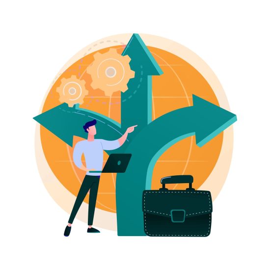 Making decision process. Finding solution, important choice, analysing opportunities. Businessman at crossroads choosing direction, considering strategy. Vector isolated concept metaphor illustration